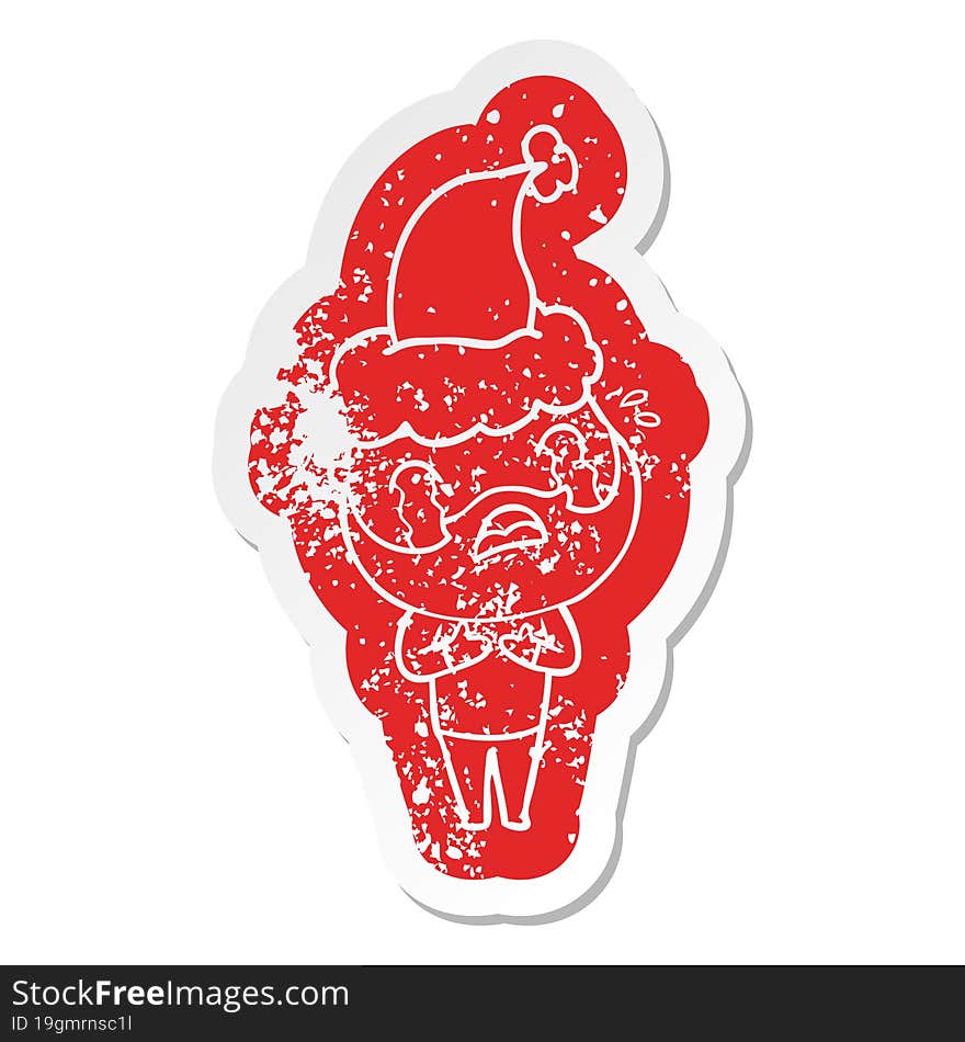 cartoon distressed sticker of a bearded man crying wearing santa hat