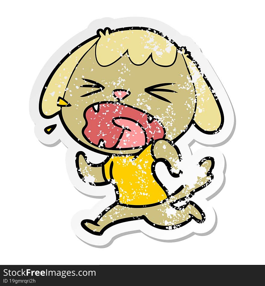 Distressed Sticker Of A Cute Cartoon Dog Barking