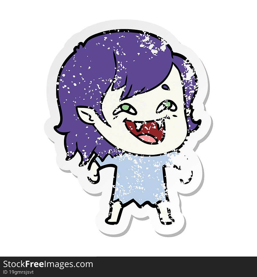 distressed sticker of a cartoon laughing vampire girl