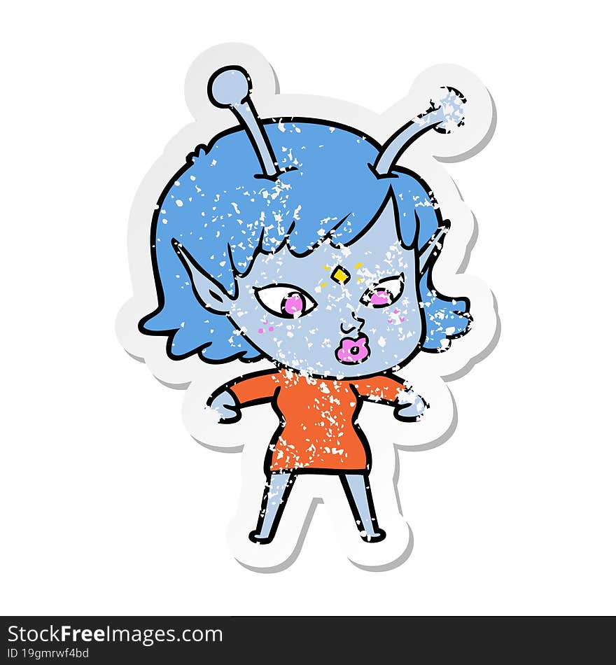 distressed sticker of a pretty cartoon alien girl