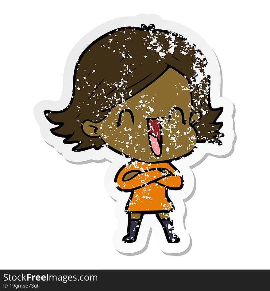 distressed sticker of a cartoon laughing woman