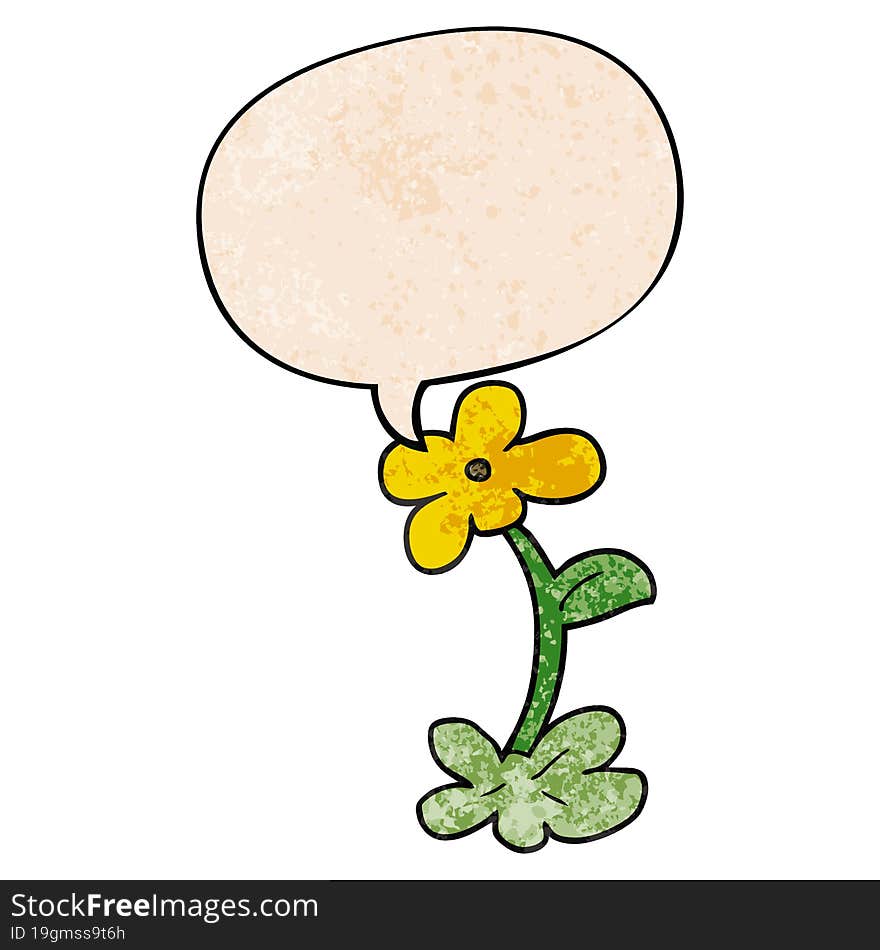 cartoon flower and speech bubble in retro texture style