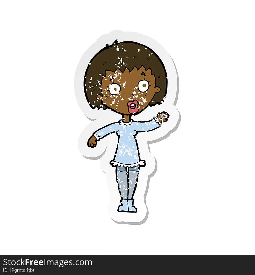 retro distressed sticker of a cartoon waving woman