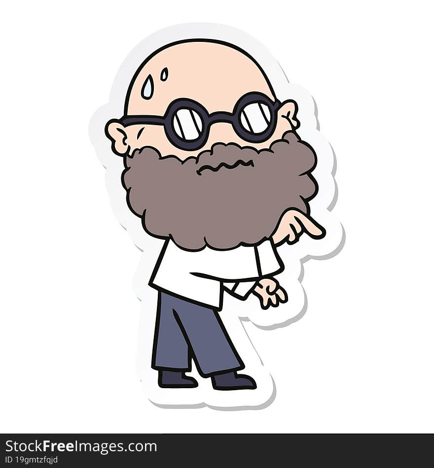 Sticker Of A Cartoon Worried Man With Beard And Spectacles Pointing Finger