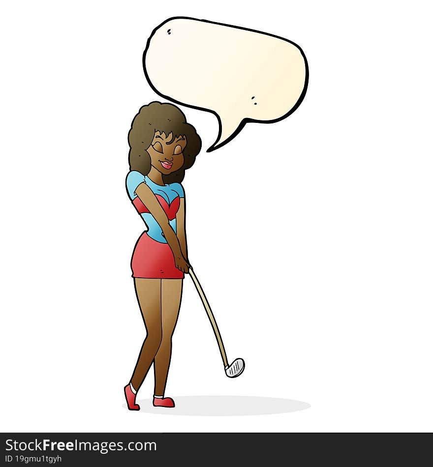 Cartoon Woman Playing Golf With Speech Bubble