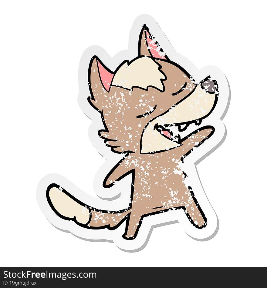 distressed sticker of a cartoon wolf laughing