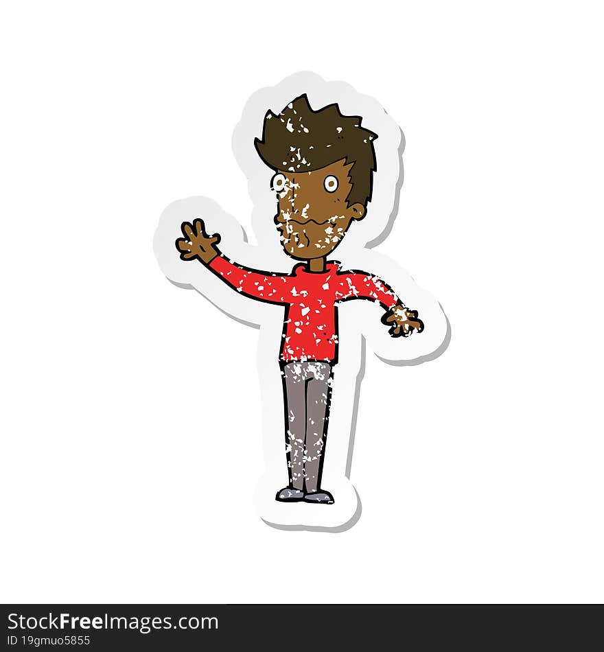 retro distressed sticker of a cartoon worried man reaching out