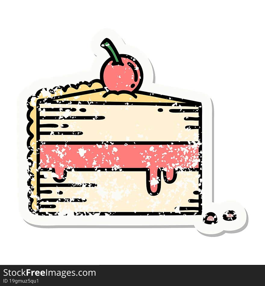 traditional distressed sticker tattoo of a slice of cake