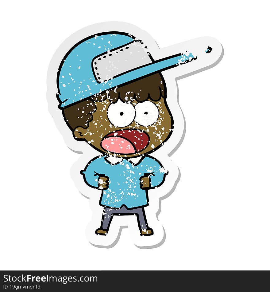 distressed sticker of a cartoon shocked man