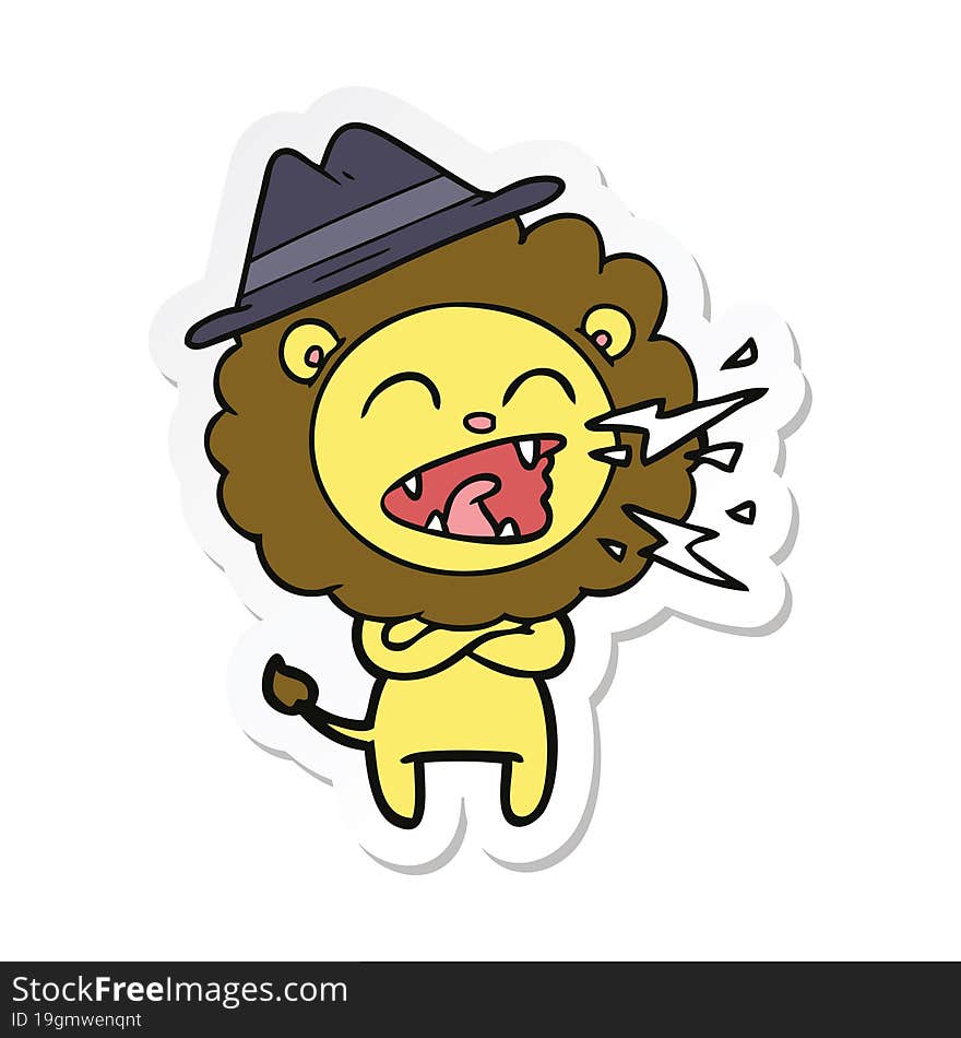 sticker of a cartoon roaring lion wearing hat