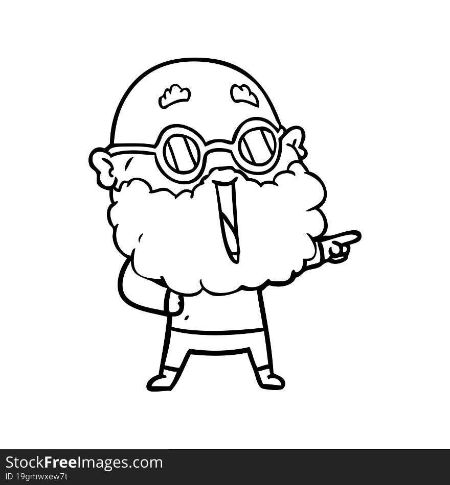 cartoon joyful man with beard pointing finger. cartoon joyful man with beard pointing finger