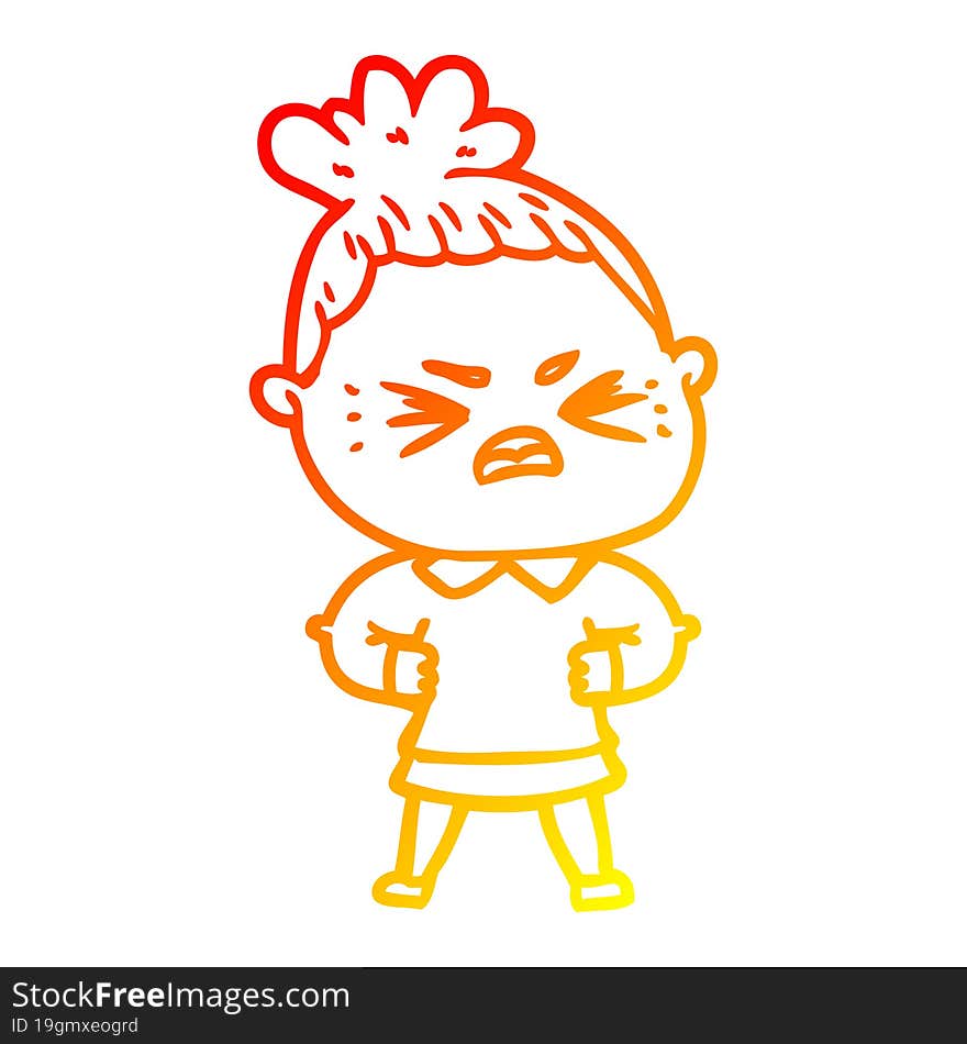 warm gradient line drawing of a cartoon angry woman