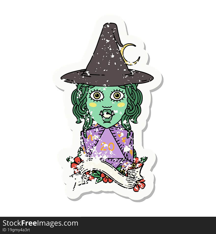 grunge sticker of a half orc mage with natural 20 dice roll. grunge sticker of a half orc mage with natural 20 dice roll