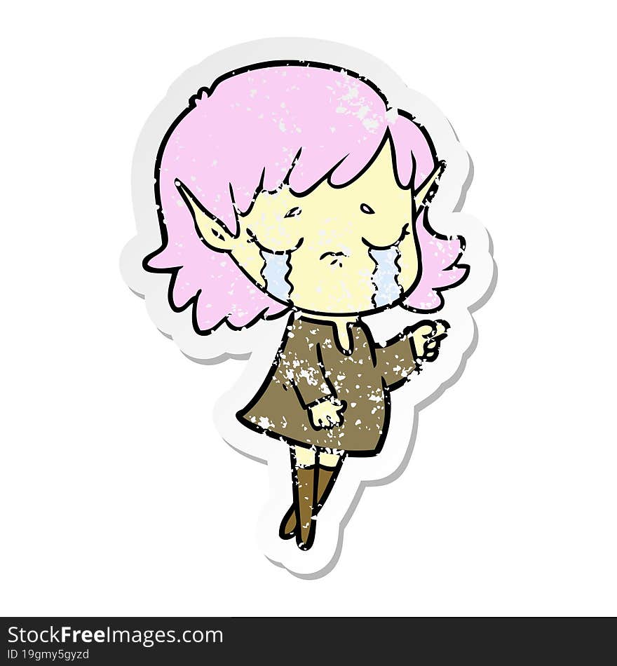 distressed sticker of a cartoon crying elf girl