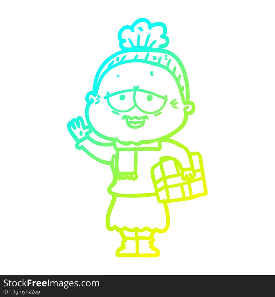 Cold Gradient Line Drawing Cartoon Happy Old Lady