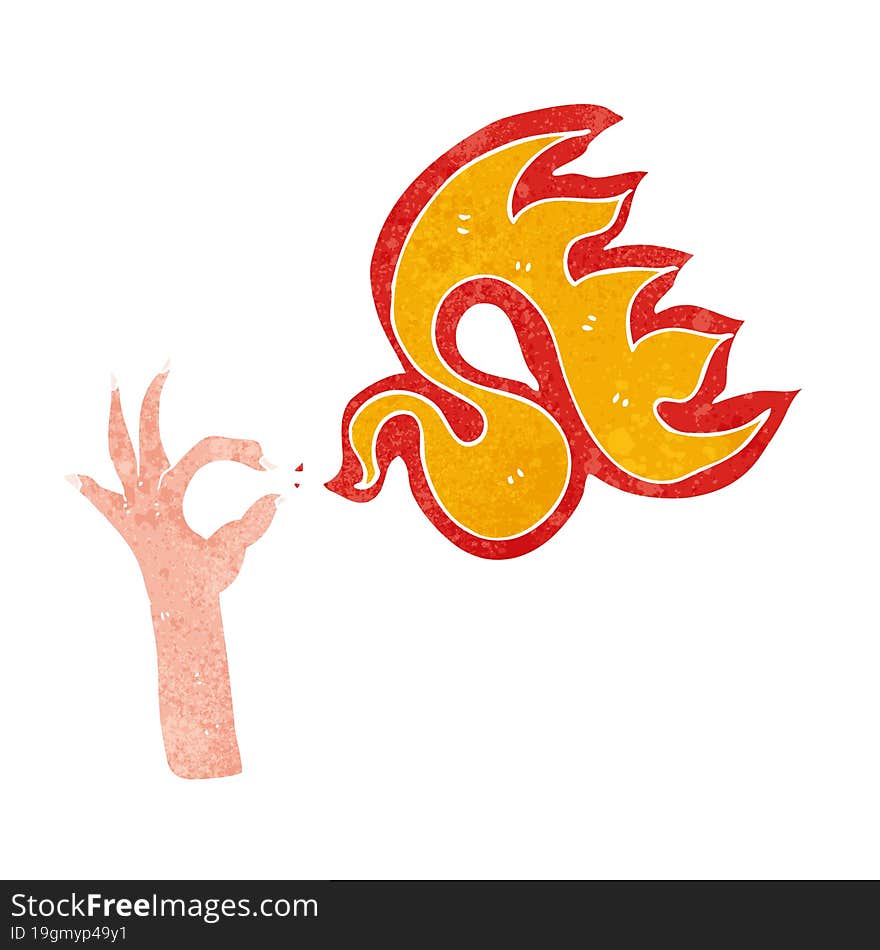 cartoon hand and fire symbol