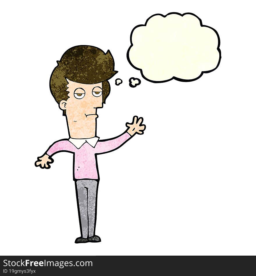 cartoon bored man waving with thought bubble