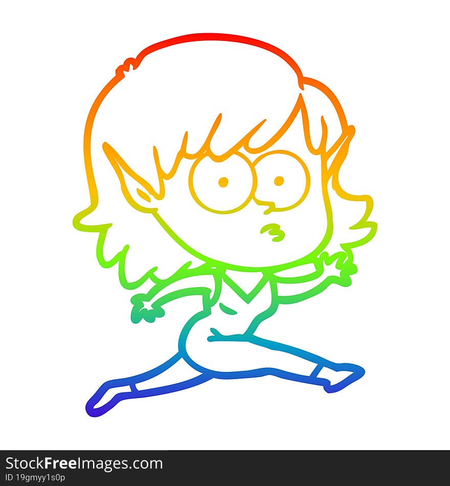 Rainbow Gradient Line Drawing Cartoon Elf Girl Running