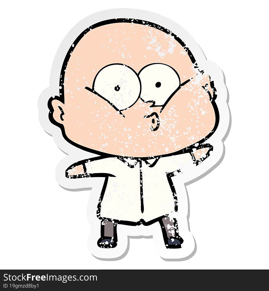 distressed sticker of a cartoon bald man staring