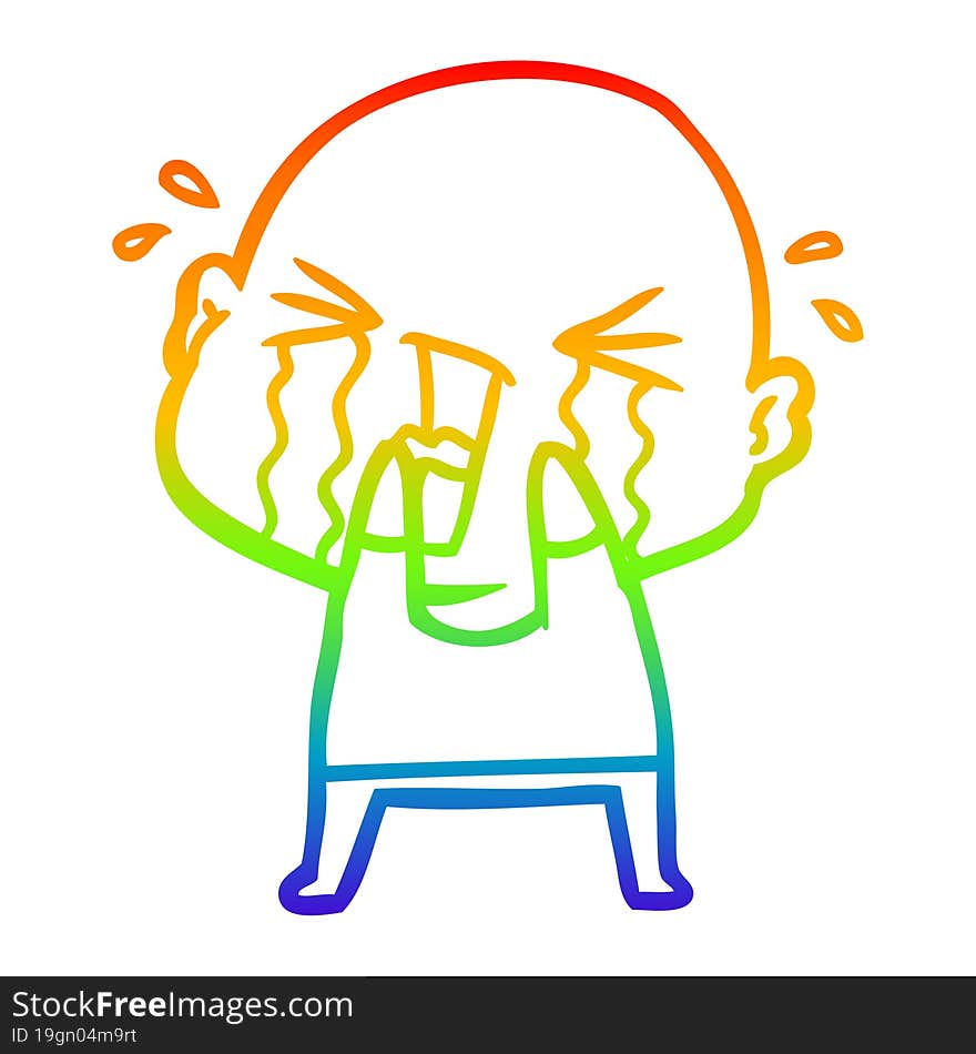 rainbow gradient line drawing cartoon crying bald man