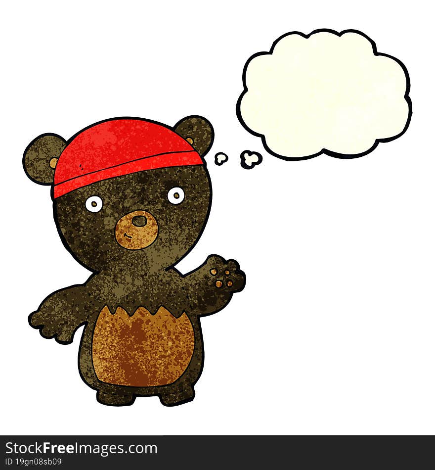 cartoon black bear wearing hat with thought bubble