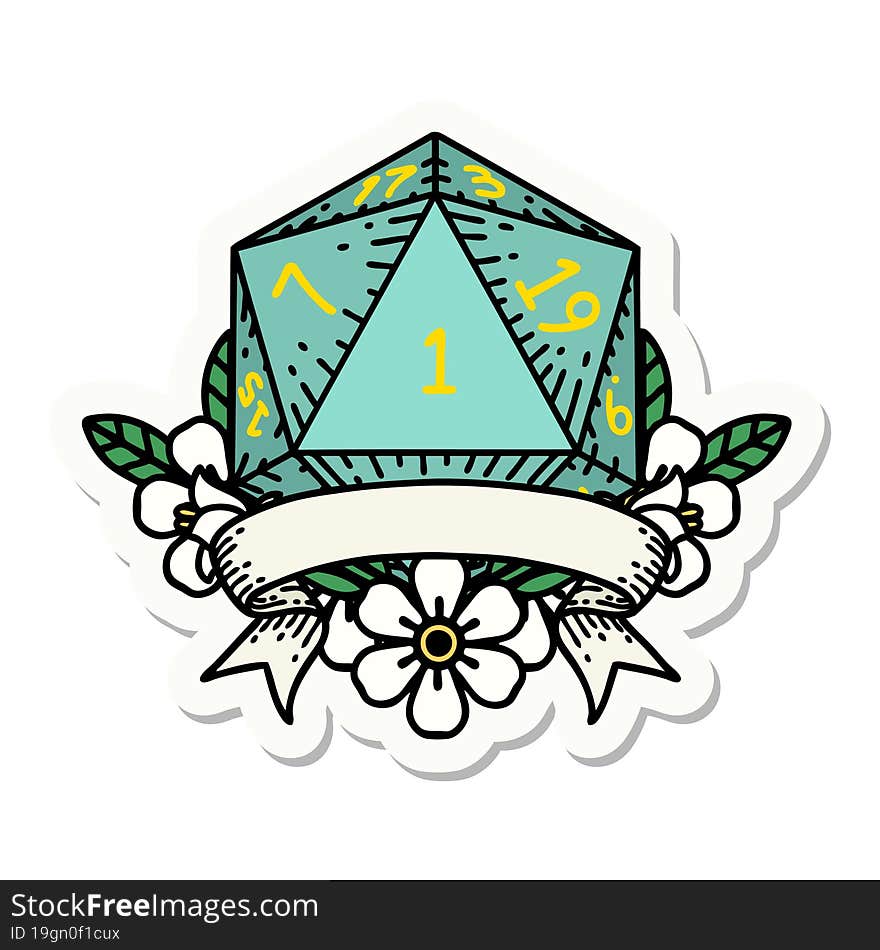 natural one d20 dice roll sticker