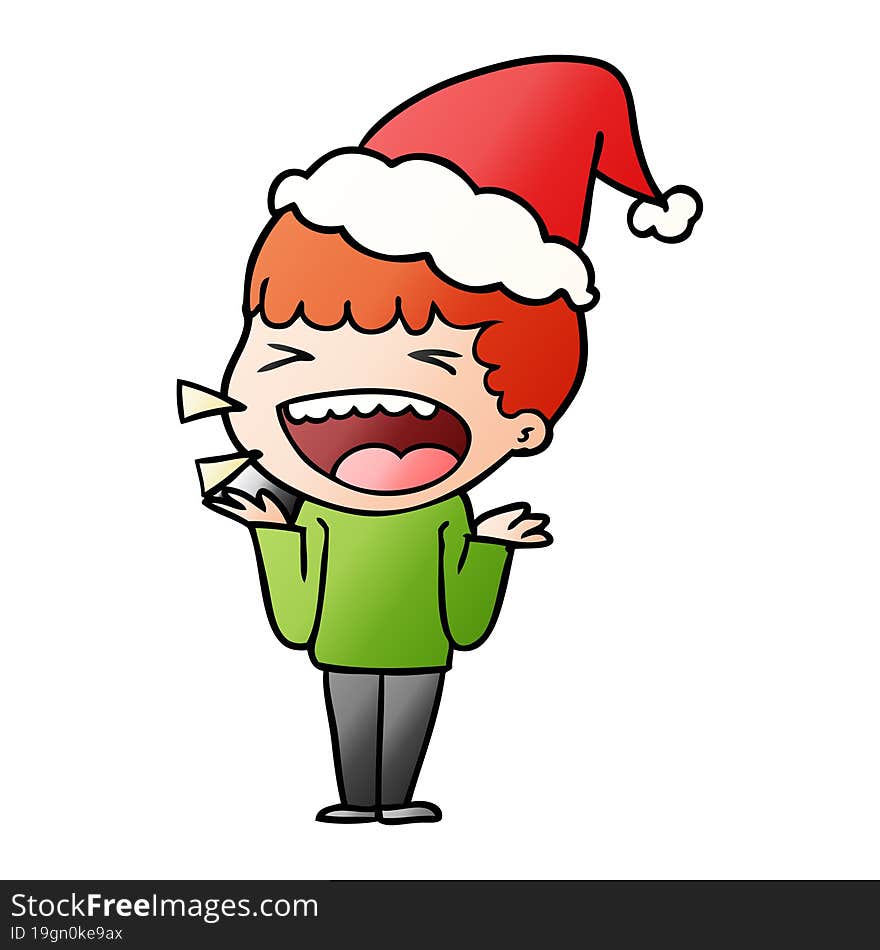 hand drawn gradient cartoon of a laughing man wearing santa hat