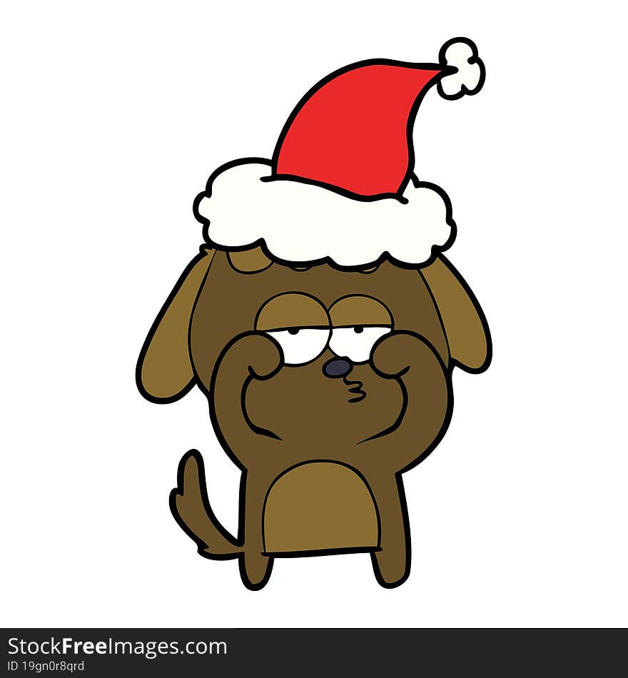 line drawing of a tired dog wearing santa hat