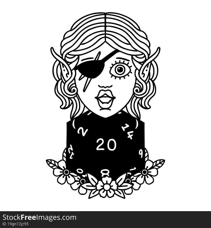 Black and White Tattoo linework Style elf rogue character with natural twenty dice roll. Black and White Tattoo linework Style elf rogue character with natural twenty dice roll