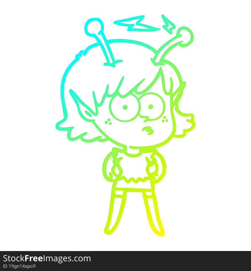 cold gradient line drawing of a cartoon alien girl