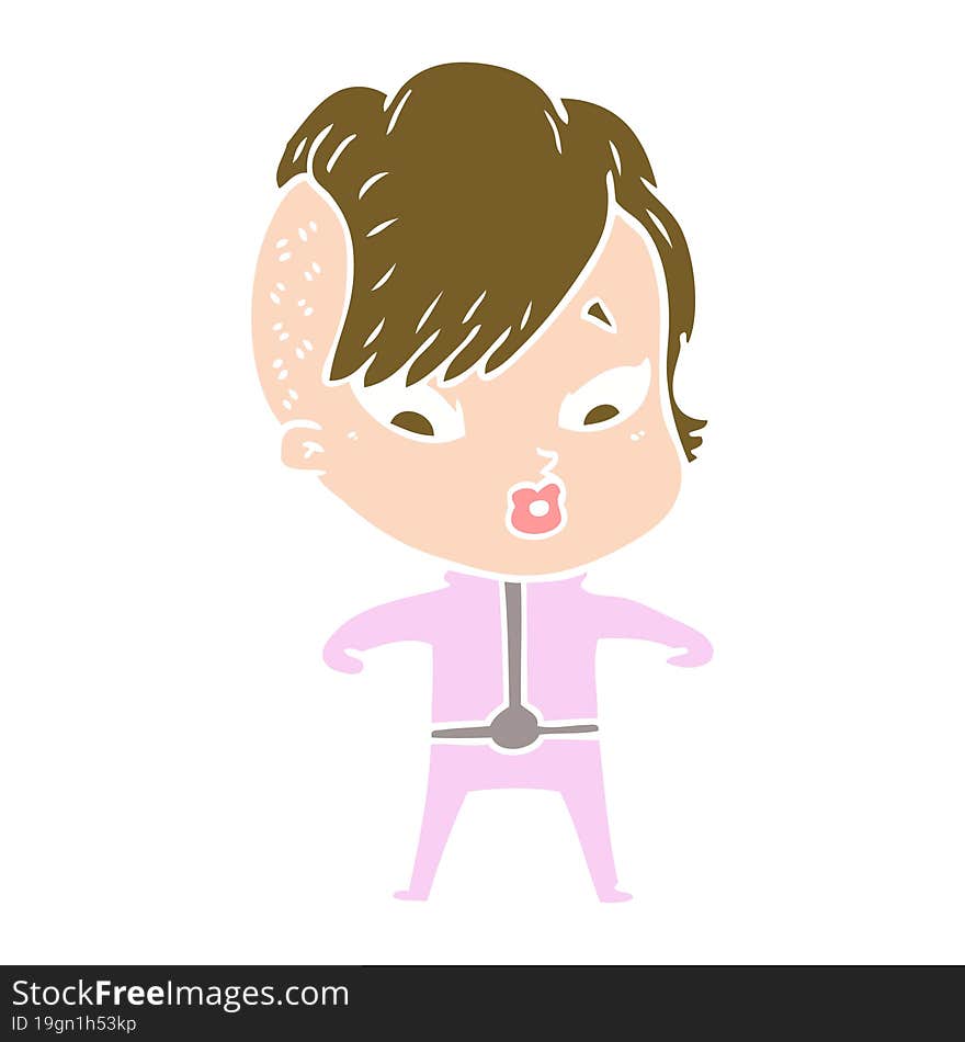 flat color style cartoon surprised girl in science fiction clothes