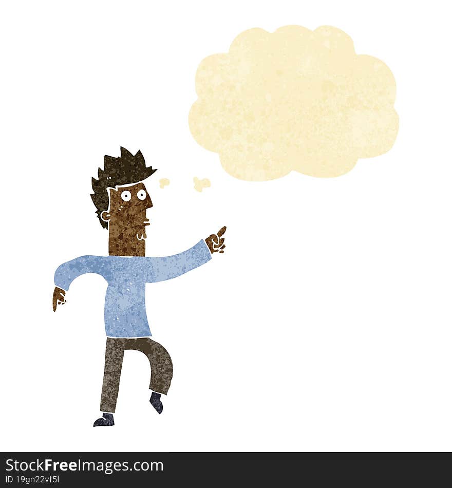 cartoon worried man pointing with thought bubble