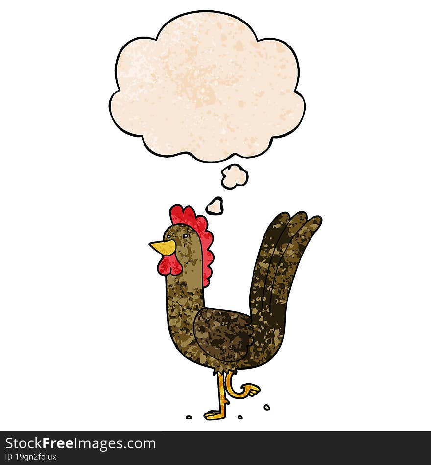 Cartoon Rooster And Thought Bubble In Grunge Texture Pattern Style