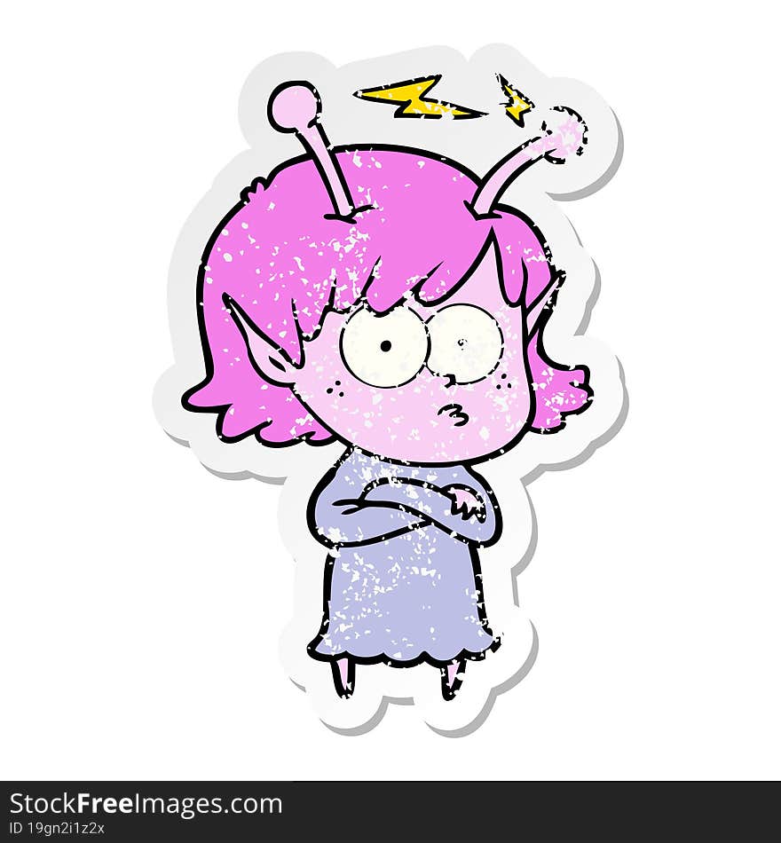 distressed sticker of a cartoon alien girl