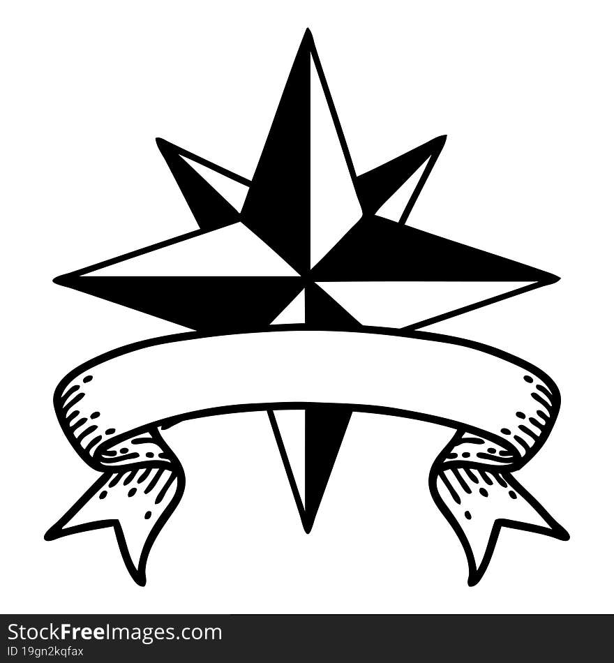 black linework tattoo with banner of a star