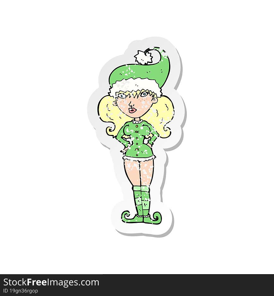 retro distressed sticker of a cartoon santas helper woman