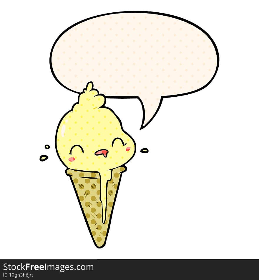 cute cartoon ice cream and speech bubble in comic book style