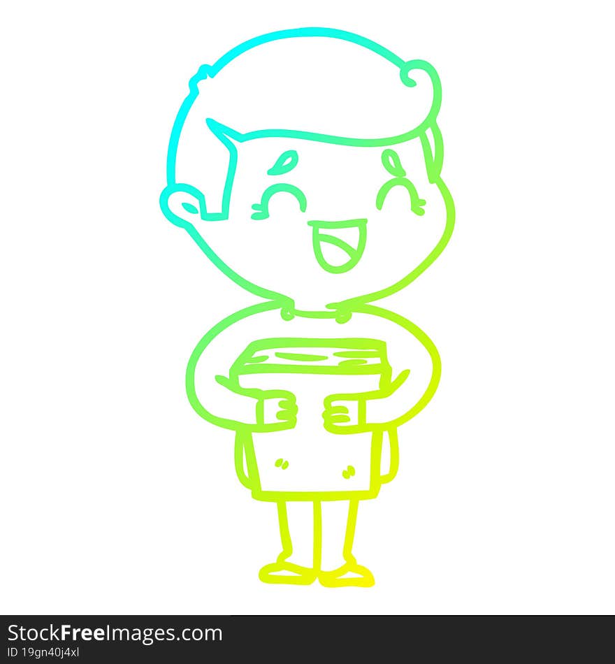 cold gradient line drawing cartoon laughing man holding book