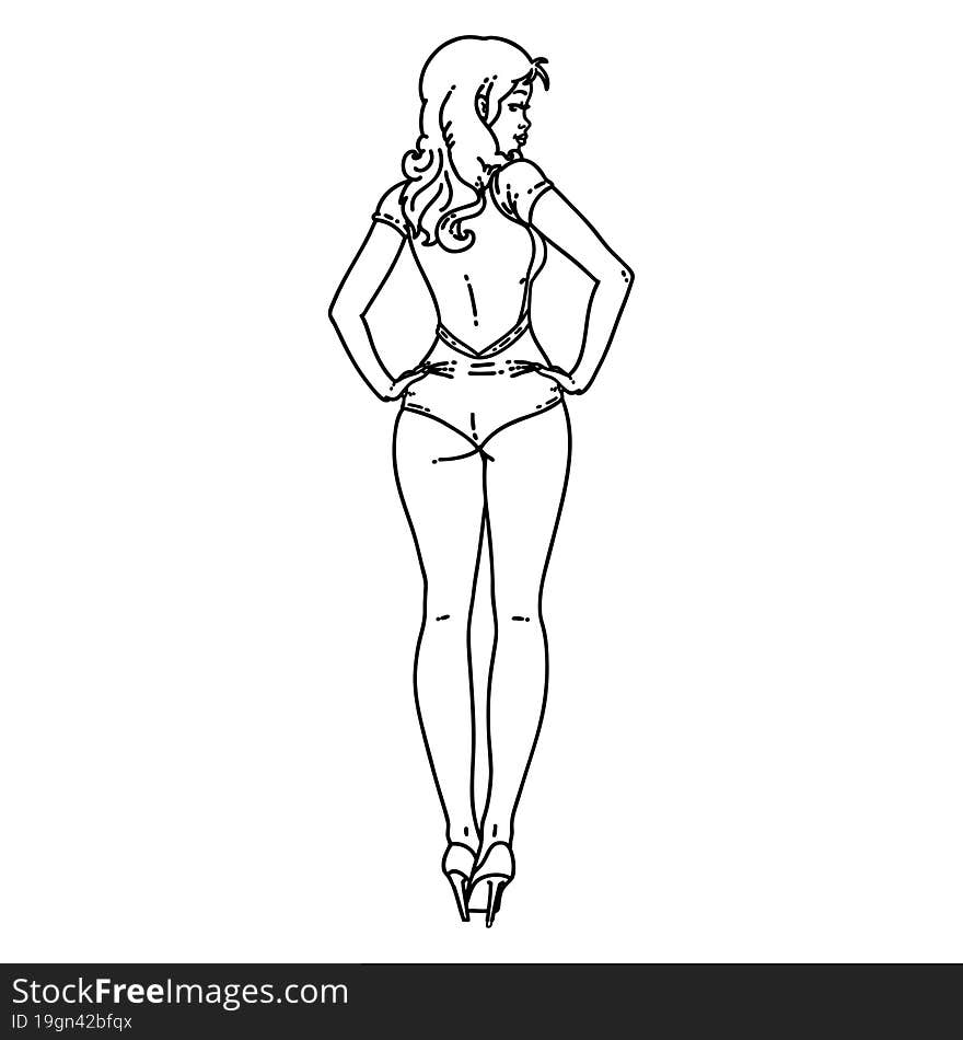 tattoo in black line style of a pinup swimsuit girl. tattoo in black line style of a pinup swimsuit girl