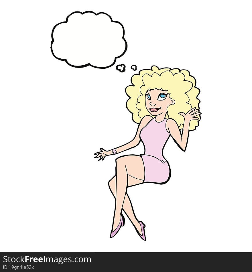 cartoon sitting woman waving with thought bubble