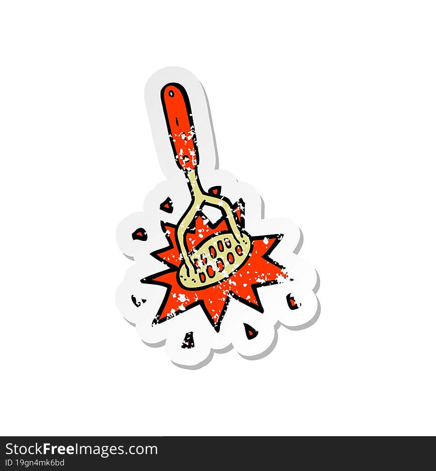 retro distressed sticker of a cartoon potato masher