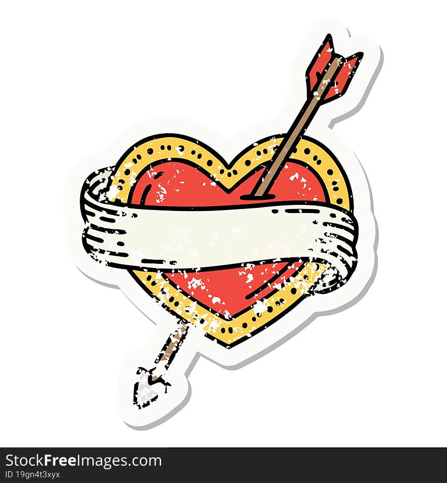 distressed sticker tattoo in traditional style of an arrow heart and banner. distressed sticker tattoo in traditional style of an arrow heart and banner