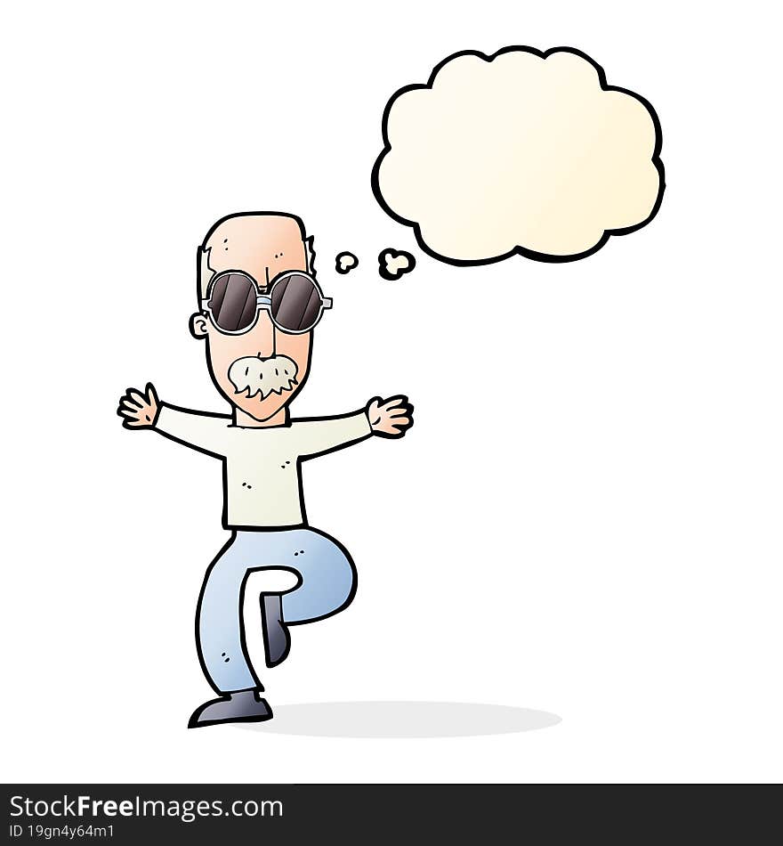 cartoon old man wearing big glasses with thought bubble