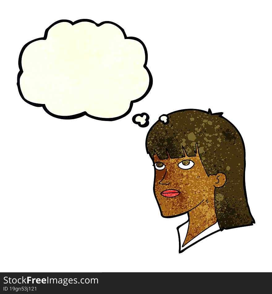 cartoon serious woman with thought bubble