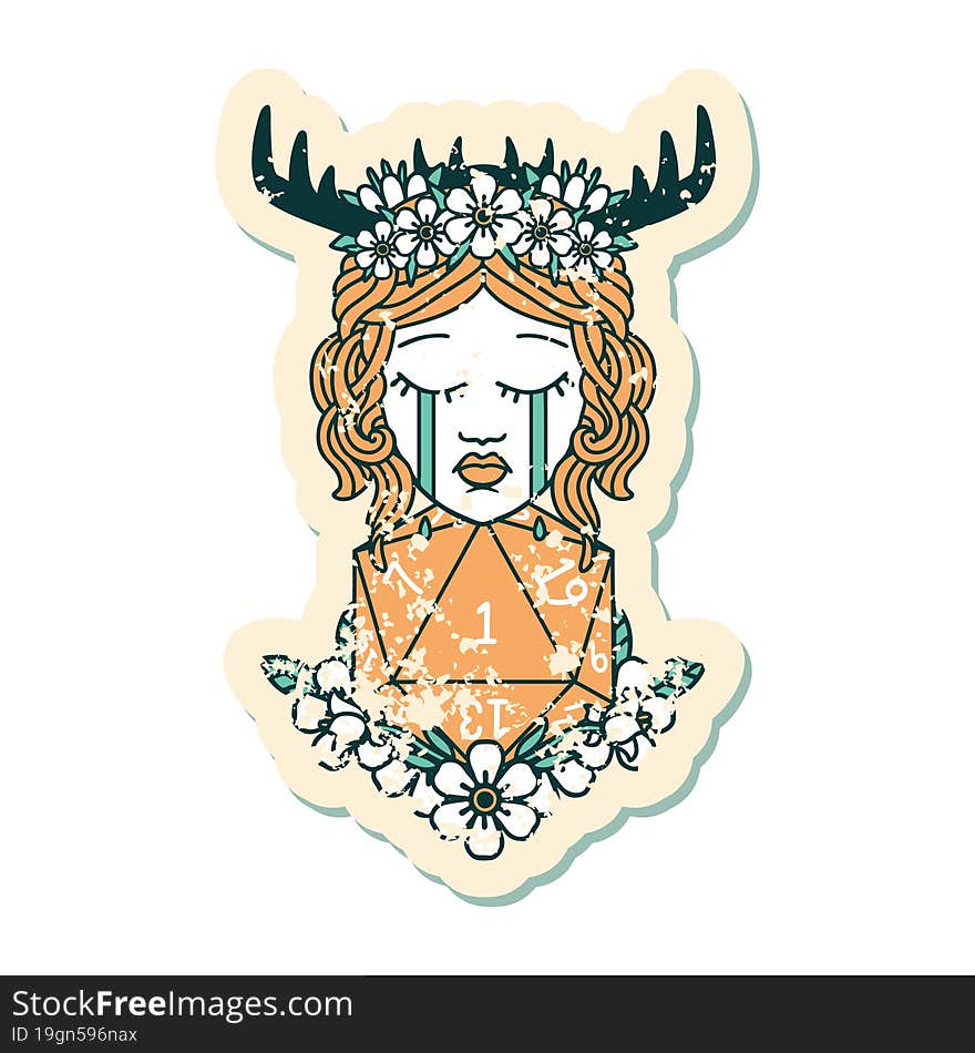 crying human druid with natural one D20 roll grunge sticker