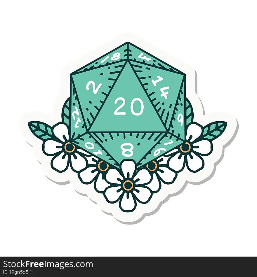 sticker of a natural 20 D20 dice roll with floral elements. sticker of a natural 20 D20 dice roll with floral elements