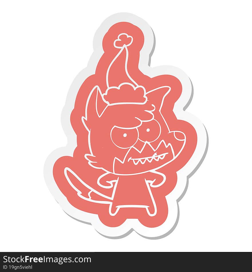 Cartoon  Sticker Of A Grinning Fox Wearing Santa Hat