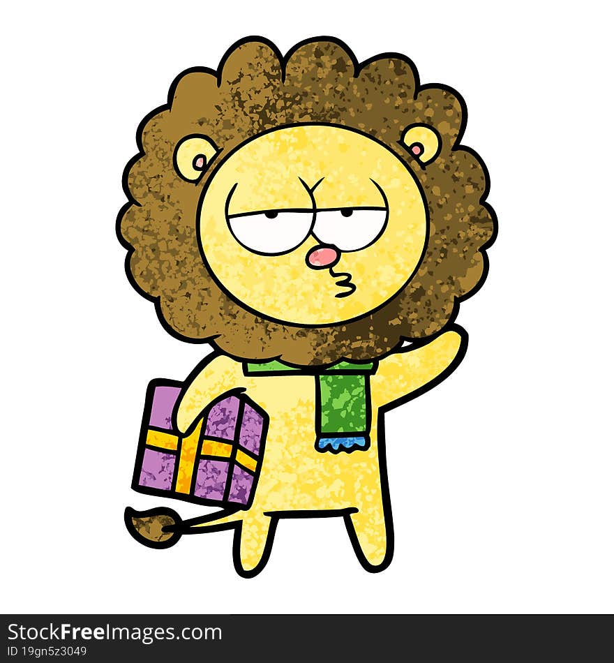 cartoon tired lion with gift. cartoon tired lion with gift