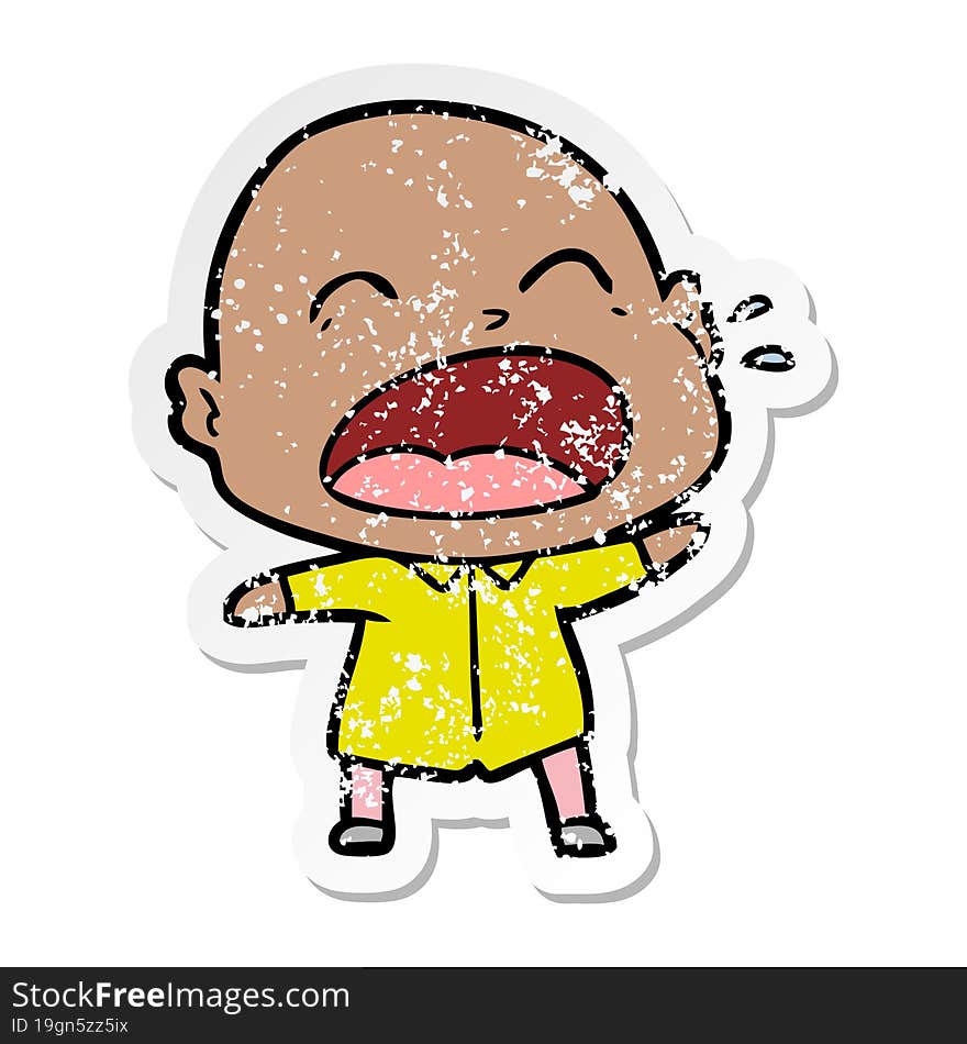 distressed sticker of a cartoon shouting bald man