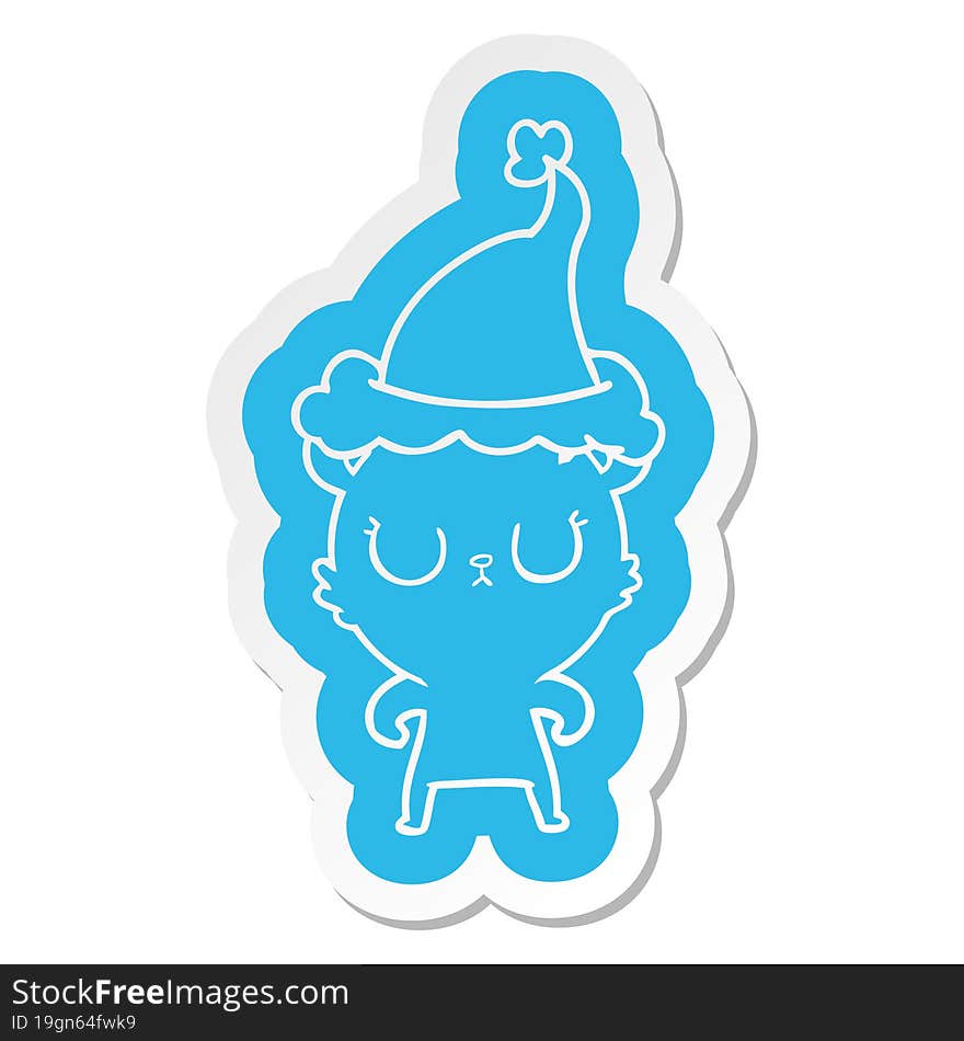 peaceful quirky cartoon  sticker of a bear wearing santa hat